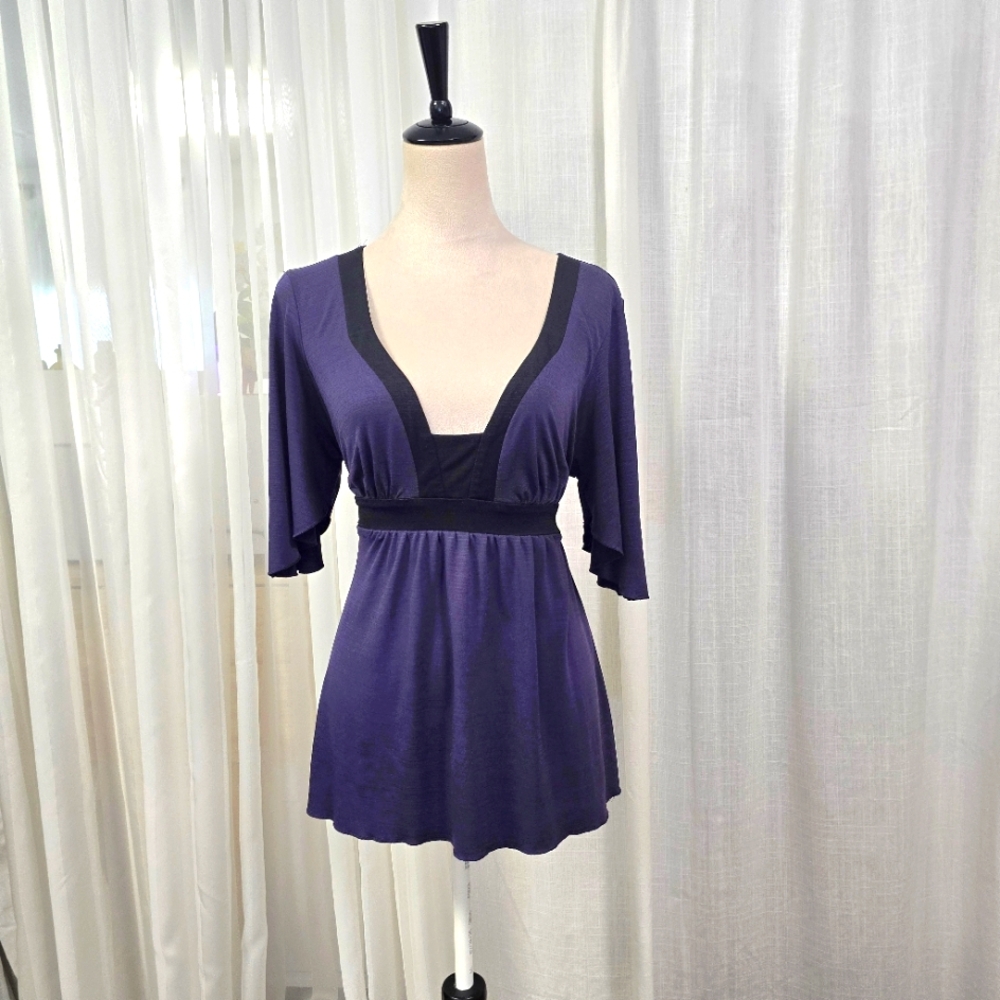 2/$30 XOXO‎ VTG Y2K Purple Babydoll Top Womens Size L Black Trim Details